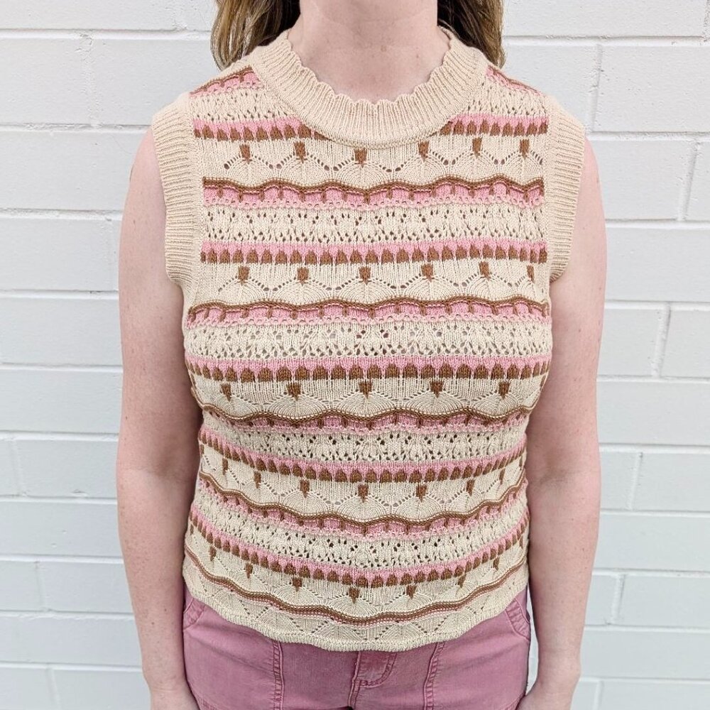 Women's Crochet Stripe Sleeveless Sweater Polagram Size Large